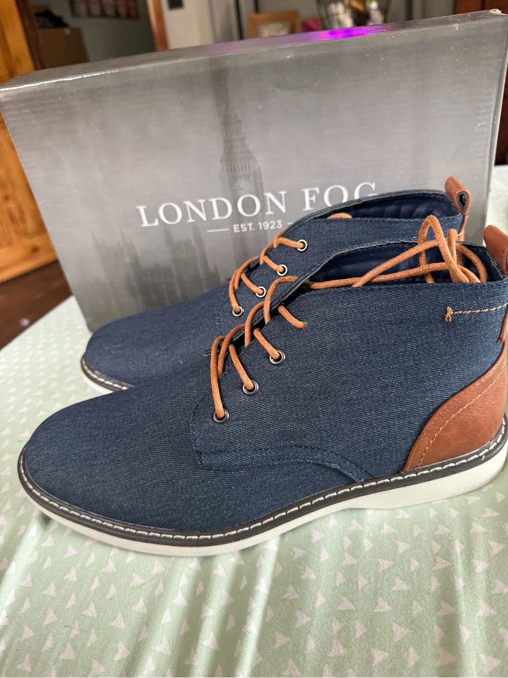 London Fog Navy Canvas Chukka Boots with Tan Laces